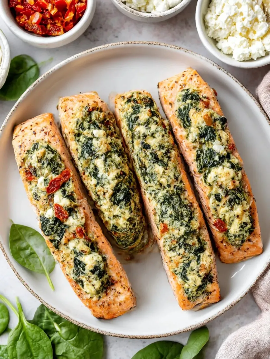 Three pieces of fish with spinach and feta.