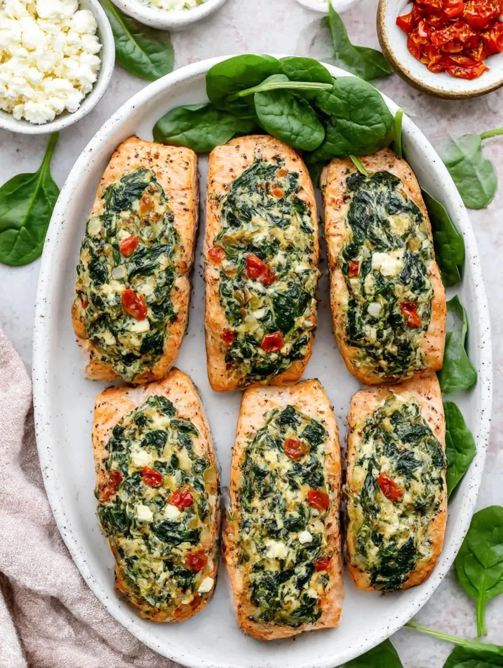 A plate of fish with spinach and feta.
