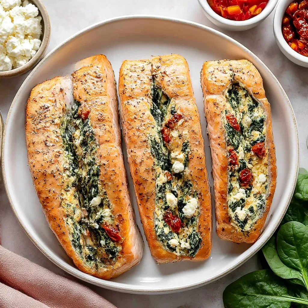Two pieces of fish with spinach and feta cheese.