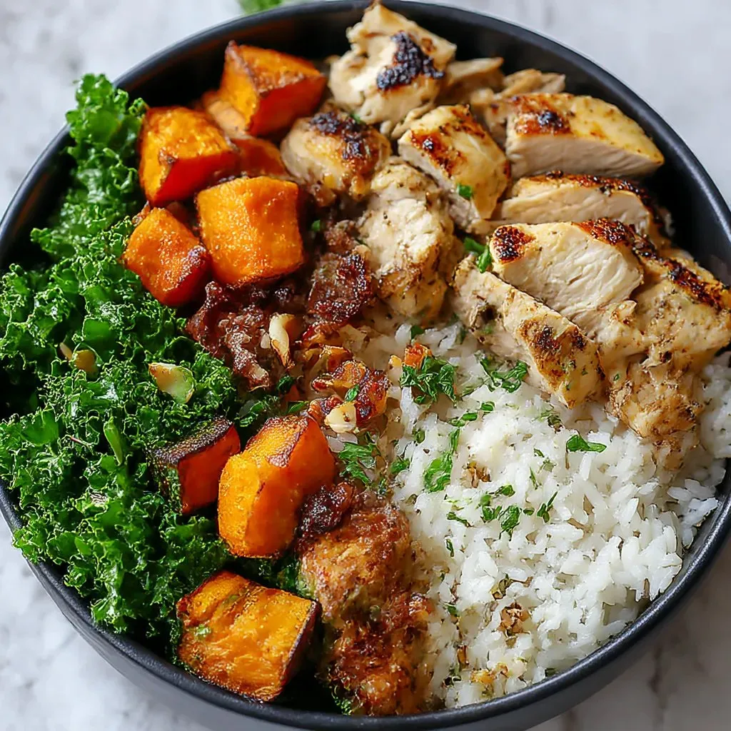 A bowl of food with rice, chicken, kale, and sweet potatoes.