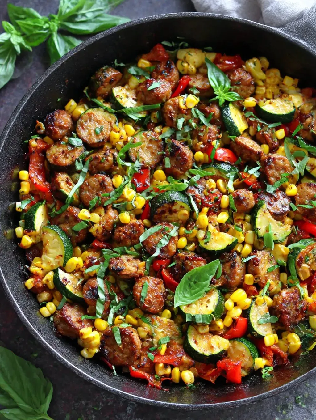 A skillet filled with sausage and vegetables.