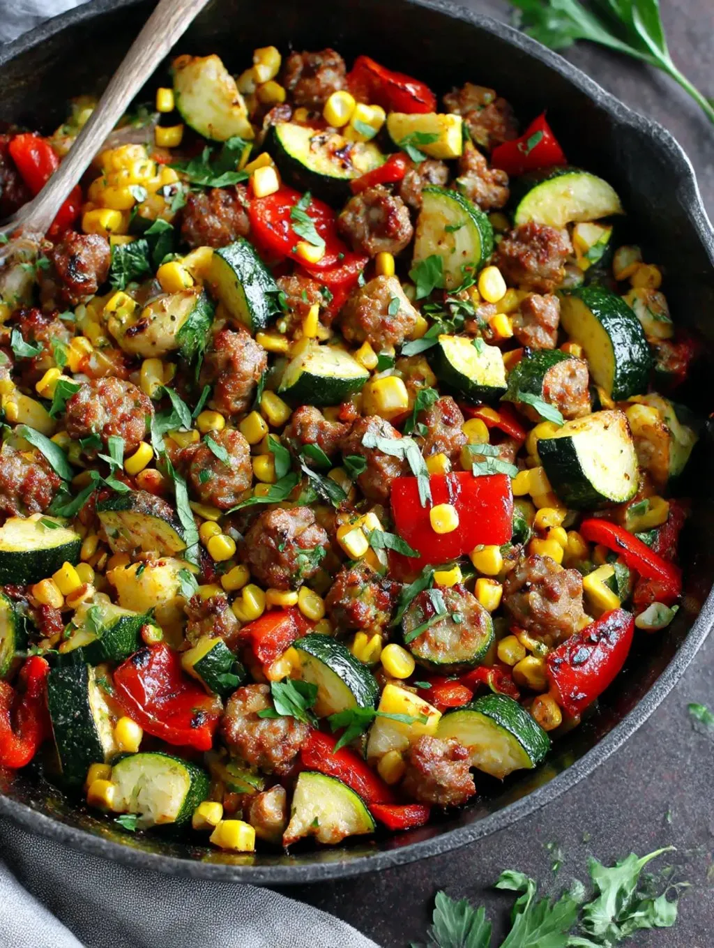 A skillet filled with sausage and vegetables.