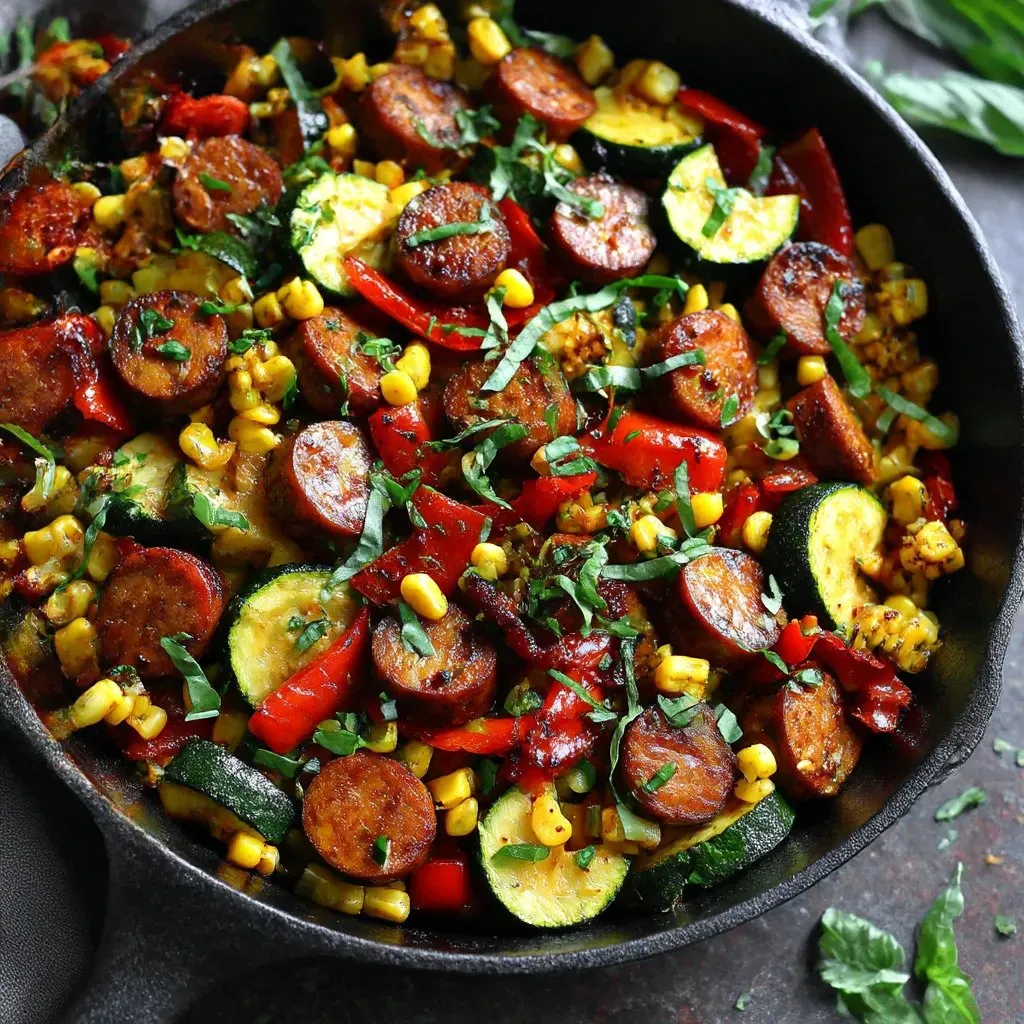 A skillet filled with sausage and vegetables.