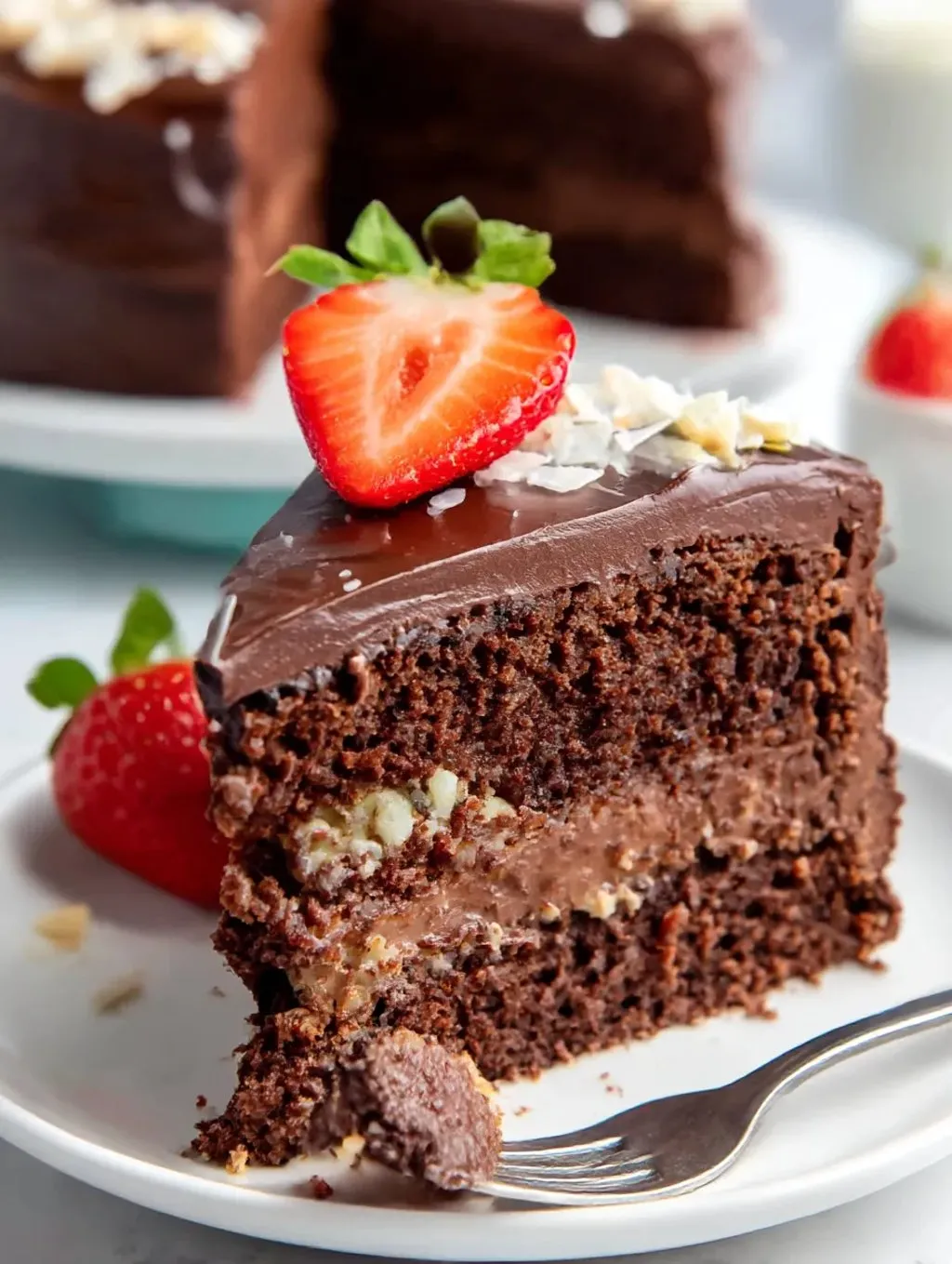 A piece of chocolate cake with a strawberry on top.