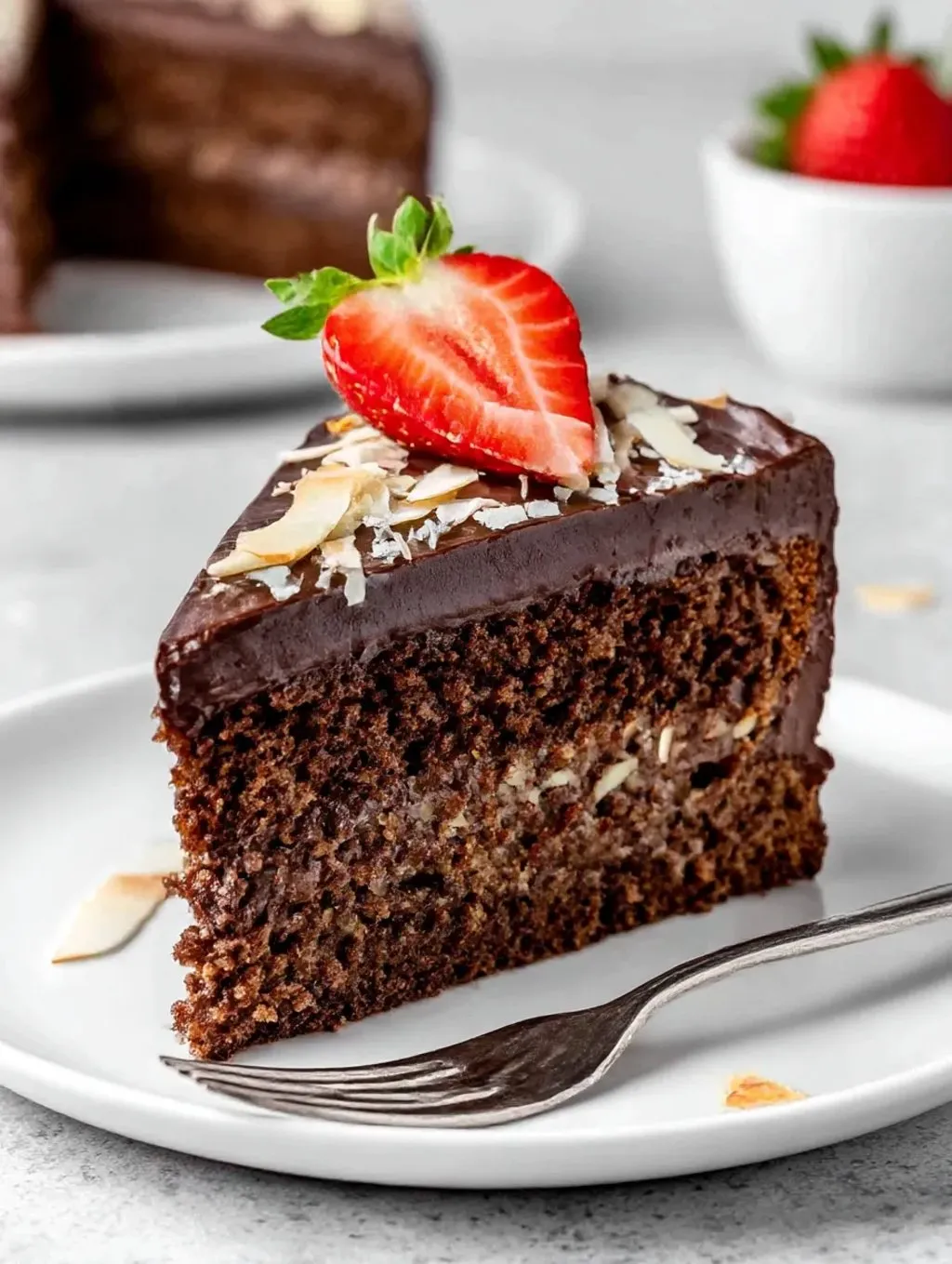 A slice of chocolate cake with a strawberry on top.