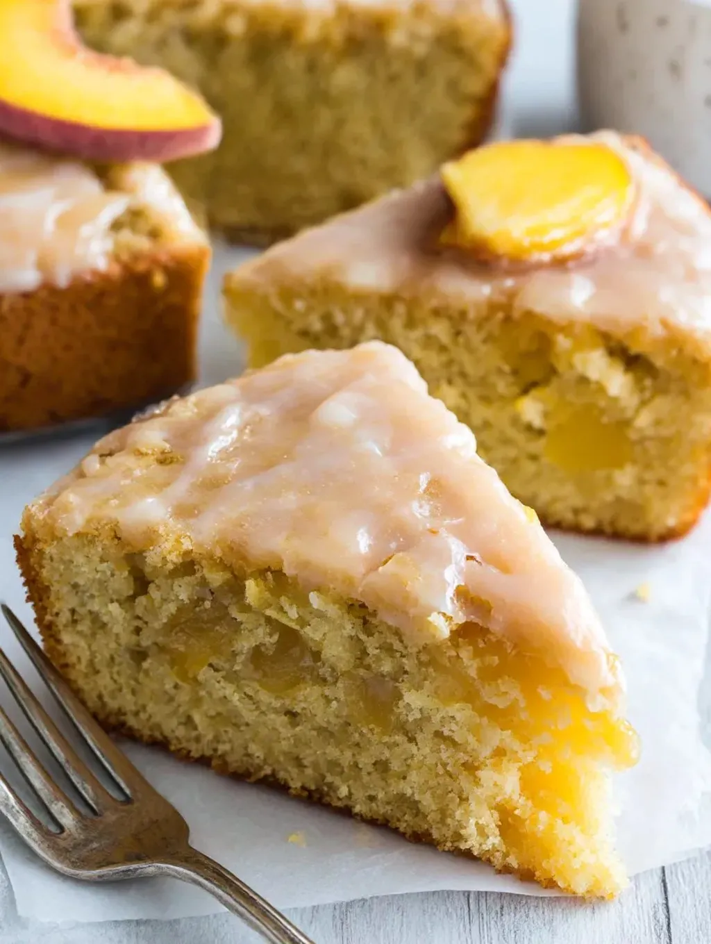 A slice of brown sugar peach cake.