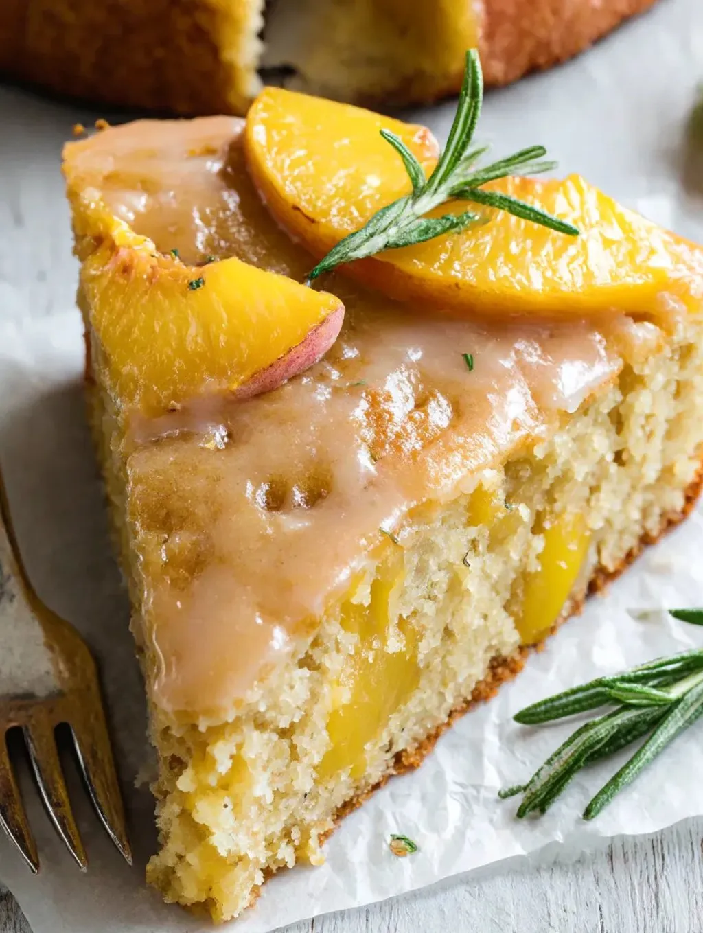 A slice of brown sugar peach cake.