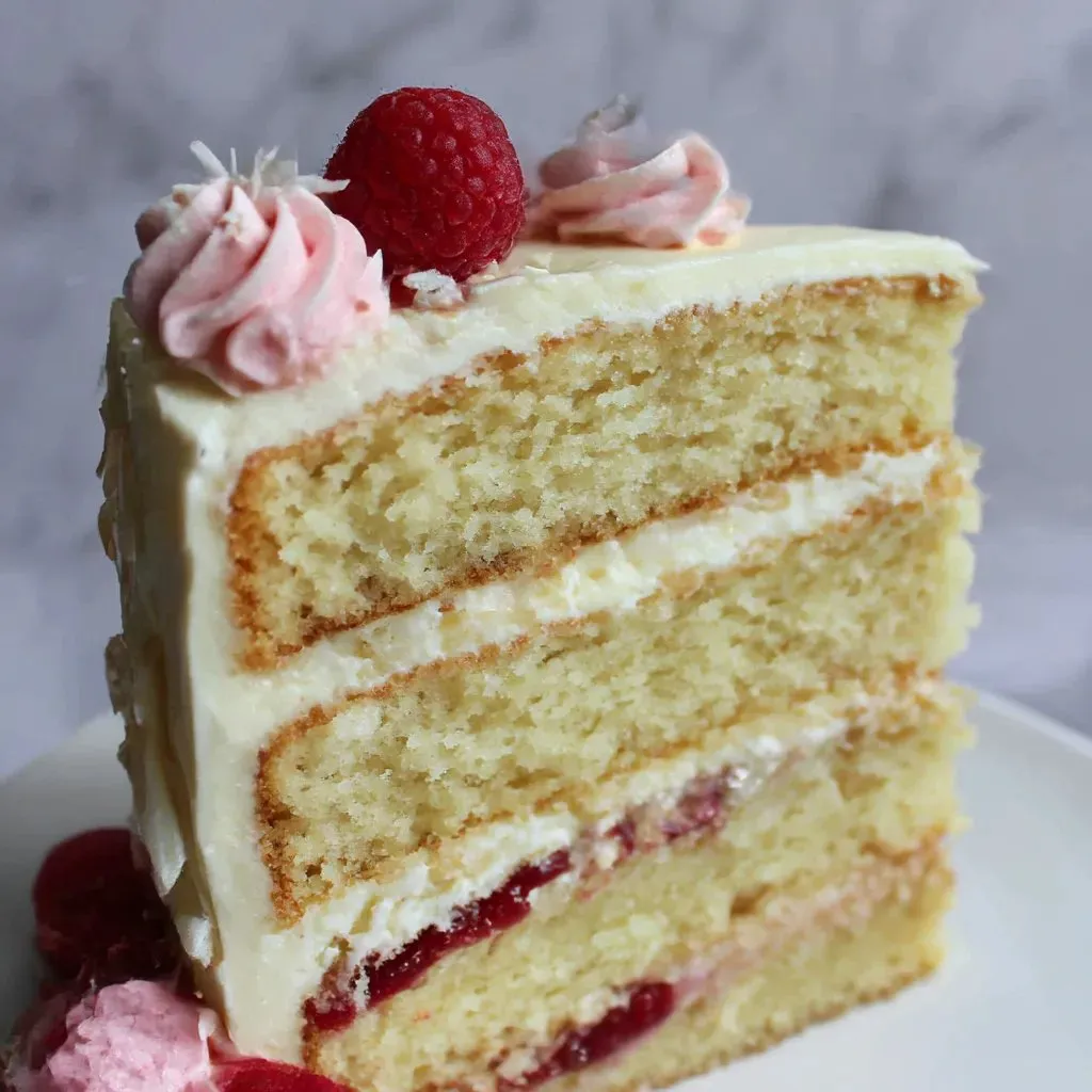 A slice of a perfect coconut cake.