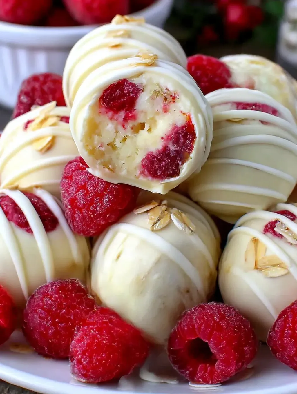 White chocolate raspberry cheesecake balls.