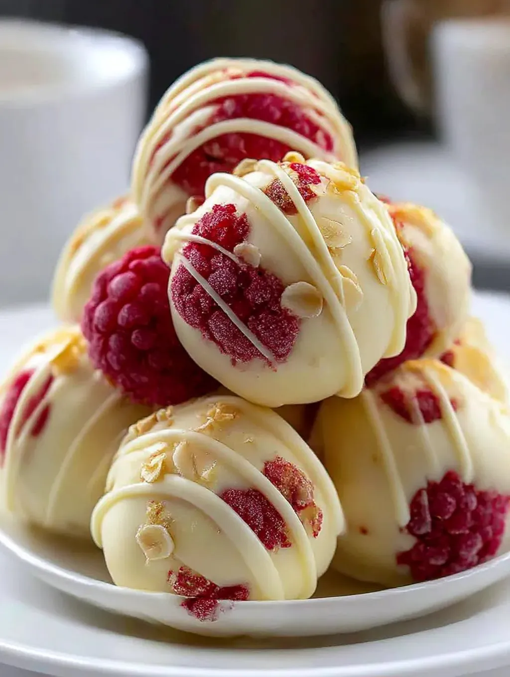 White chocolate raspberry cheesecake balls.