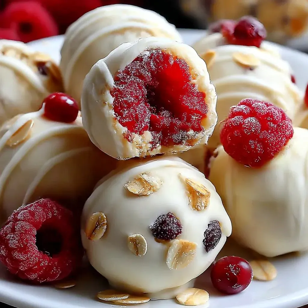 White chocolate raspberry cheesecake balls.