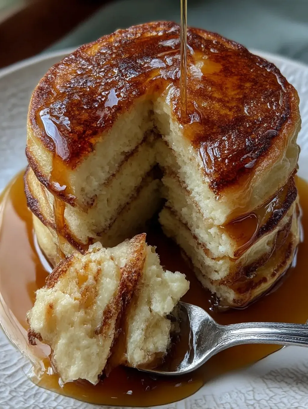 A stack of buttermilk pancakes with syrup.