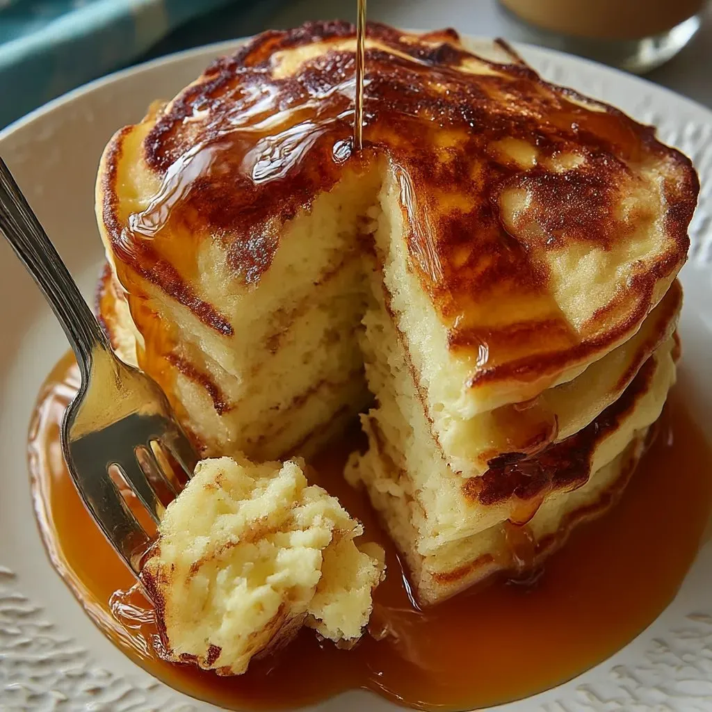 A slice of buttermilk pancakes with syrup.