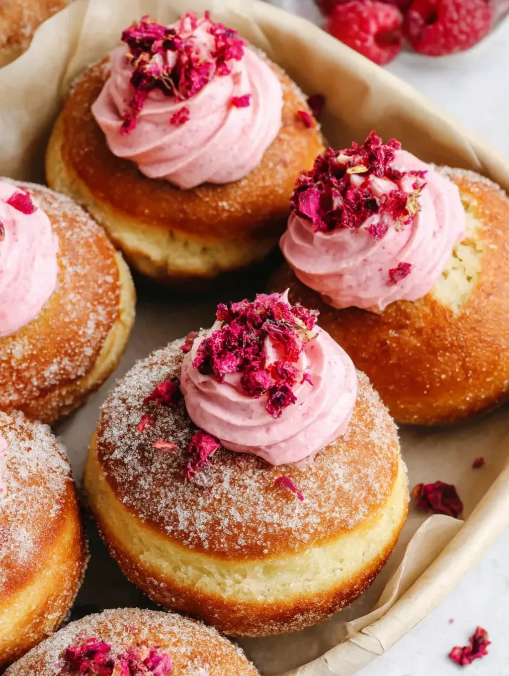 A plate of raspberry cheesecake brioche doughnuts.