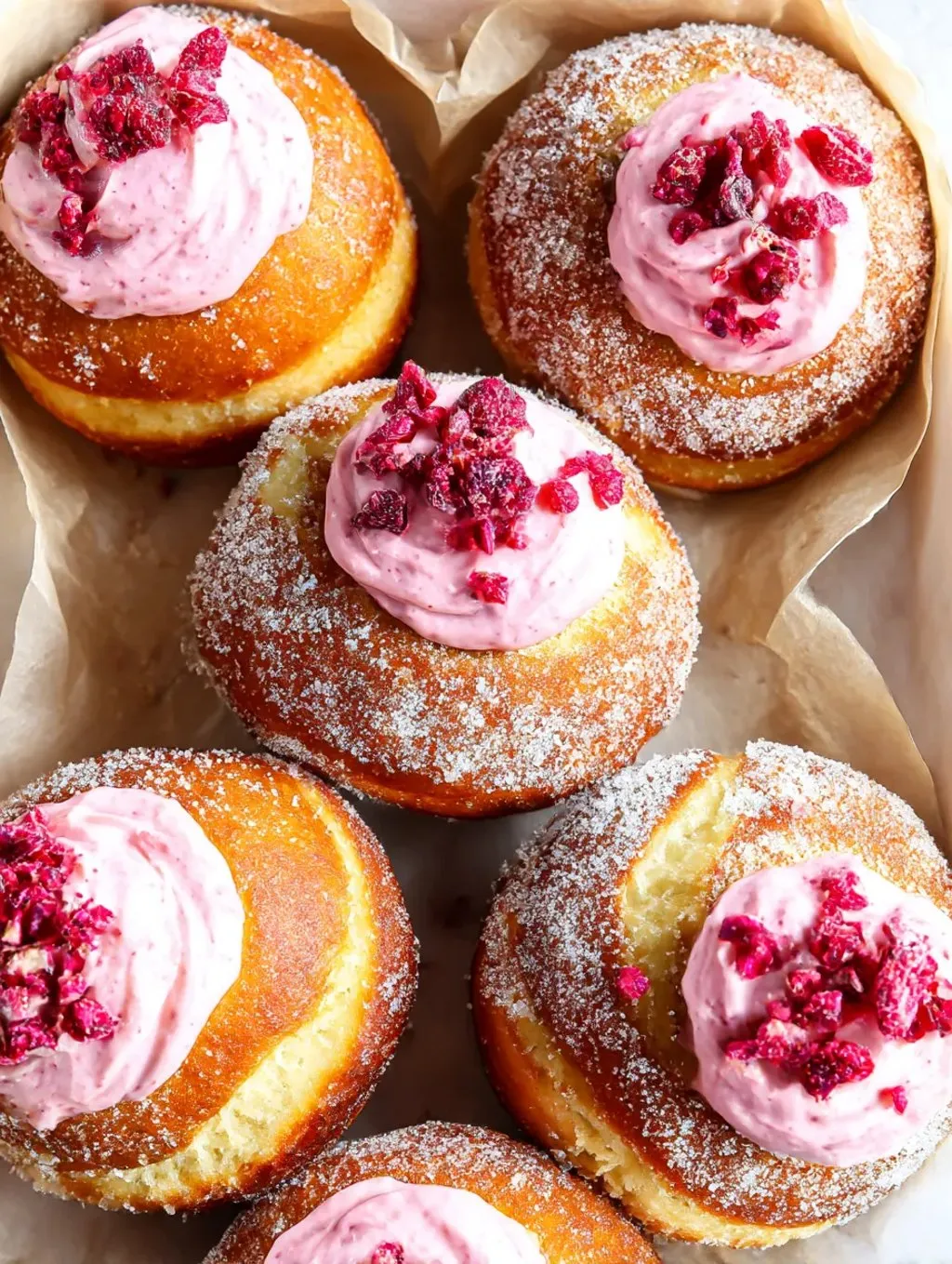 A tray of brioche doughnuts with raspberry cheesecake filling.