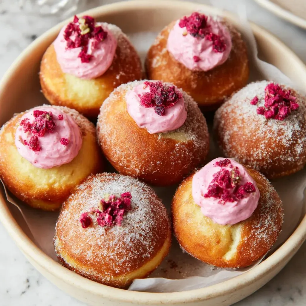 A plate of doughnuts with pink frosting and raspberry toppings.