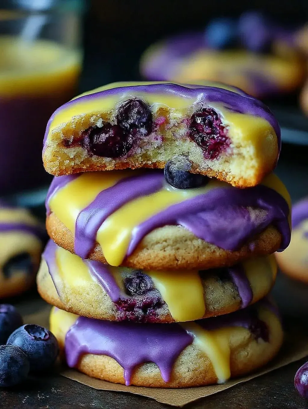 Blueberry lemon cookies stacked on top of each other.