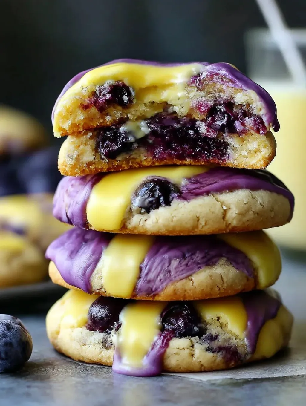 Blueberry lemon cookies stacked on top of each other.