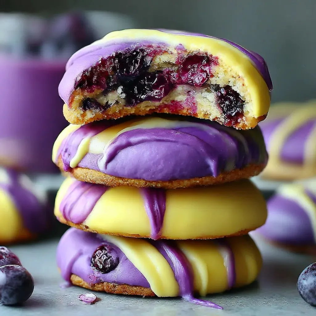Blueberry lemon cookies stacked on a table.