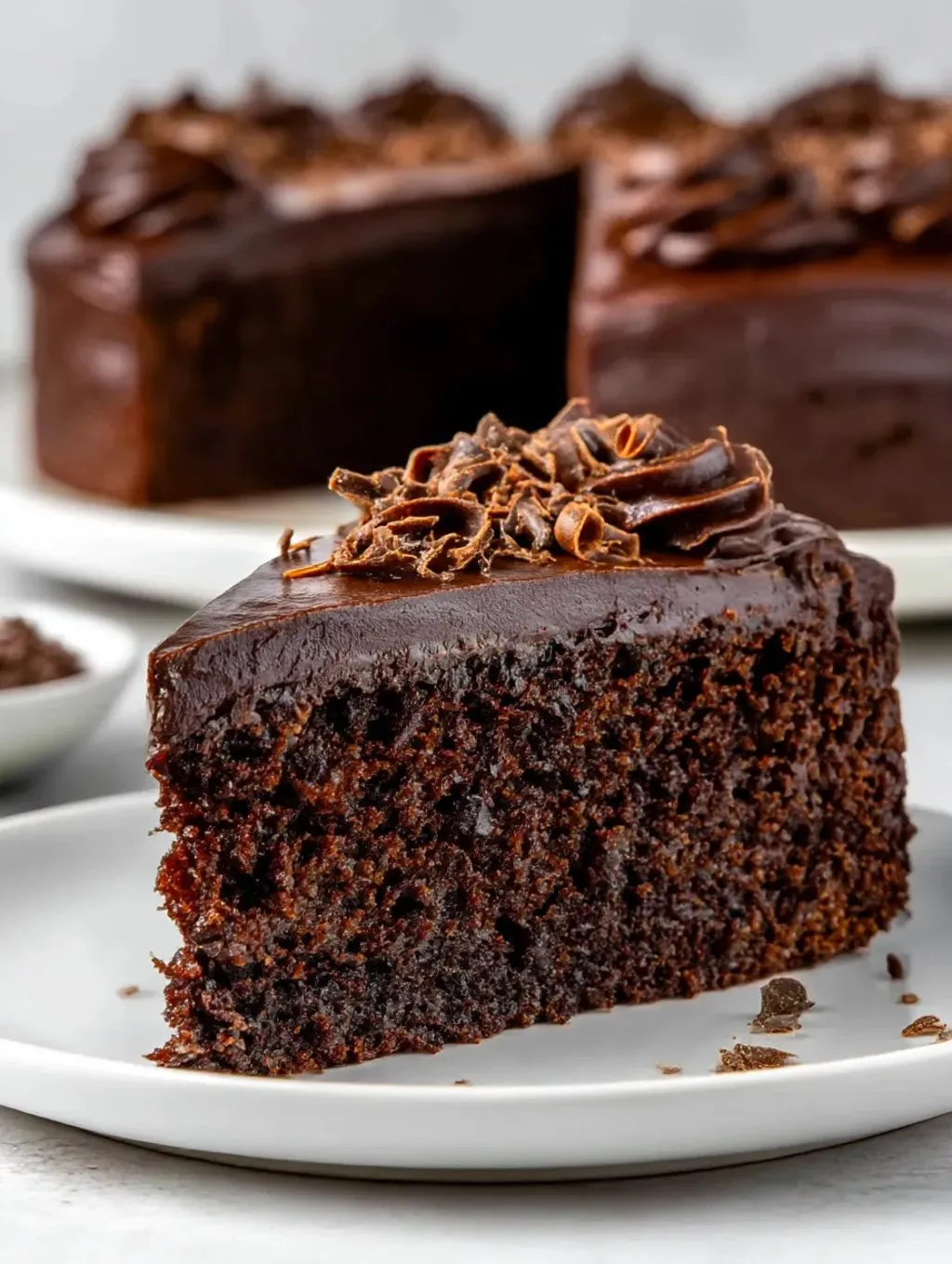 A slice of chocolate cake with chocolate frosting and chocolate sprinkles.