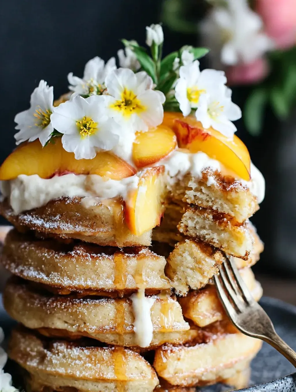 A stack of churro waffles with peaches and cream sauce.