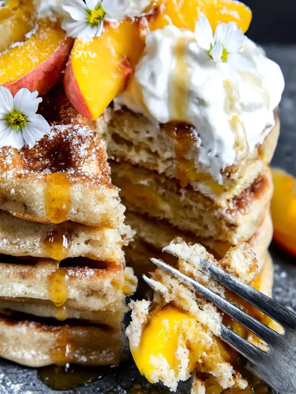 A stack of churro waffles with peaches and cream sauce.
