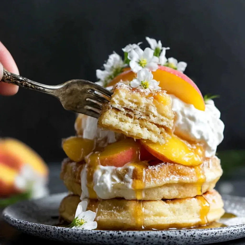 A person is eating a stack of churro waffles with peaches and cream sauce.