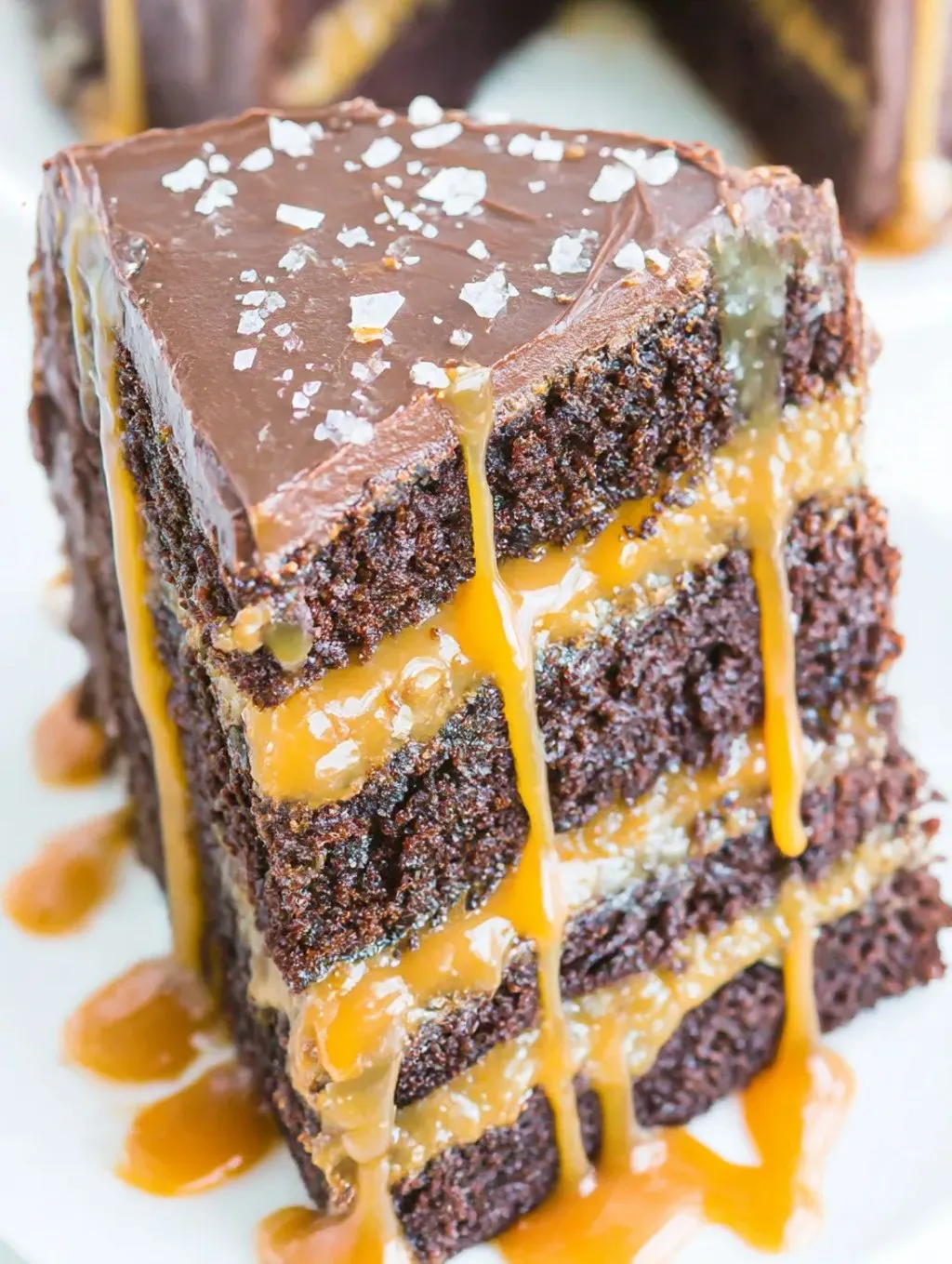 A slice of salted caramel chocolate cake.