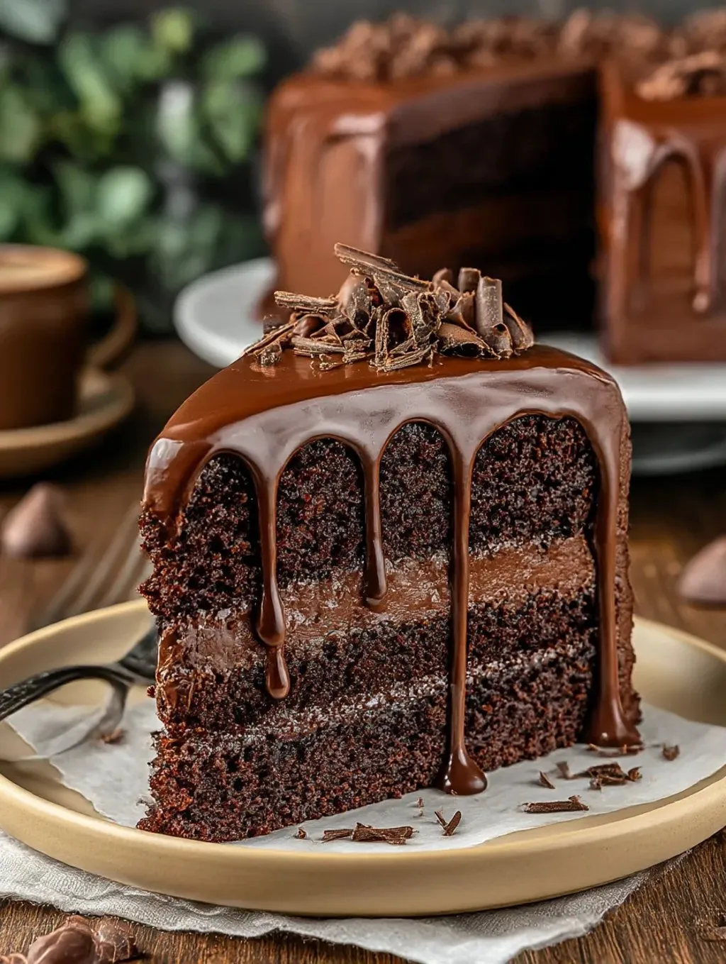 A slice of chocolate cake with chocolate drizzle.