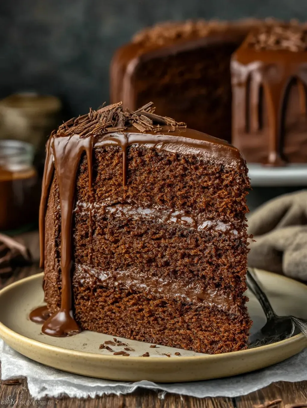 A slice of chocolate cake with chocolate drizzled on top.