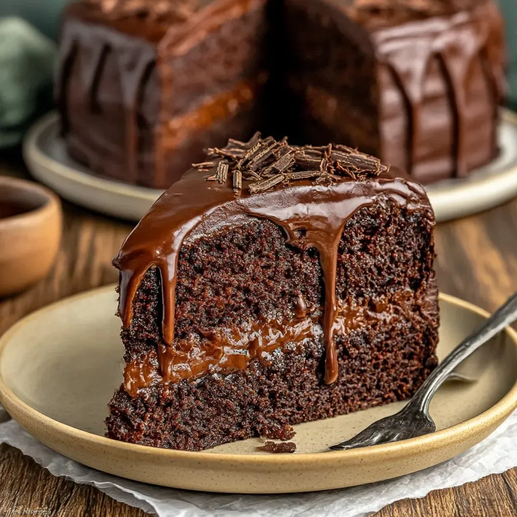 A slice of chocolate cake with chocolate drizzle.