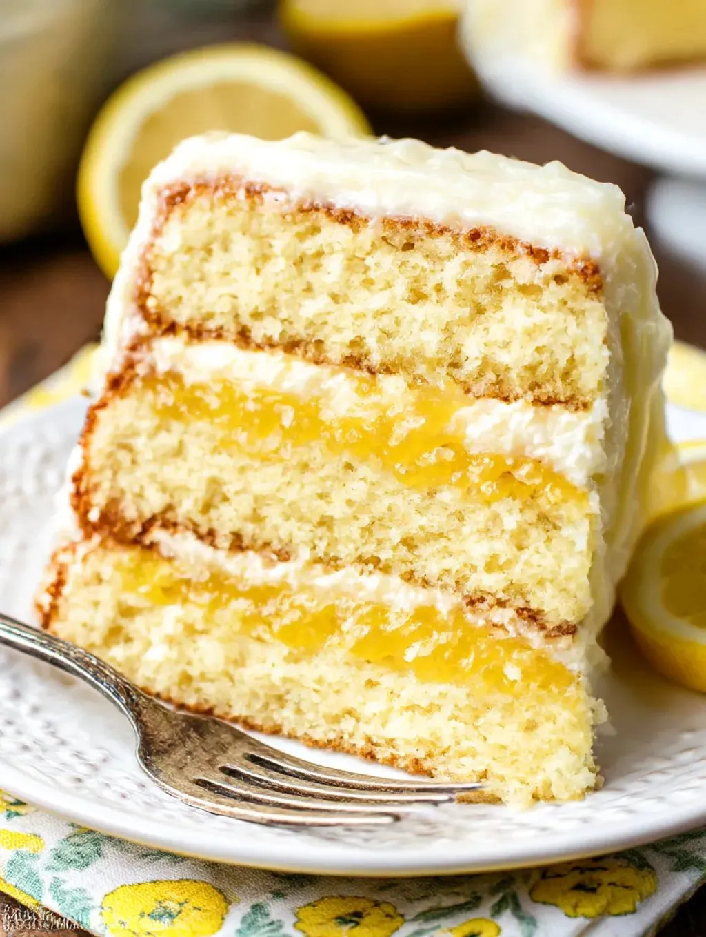 A slice of lemon curd cake on a plate.