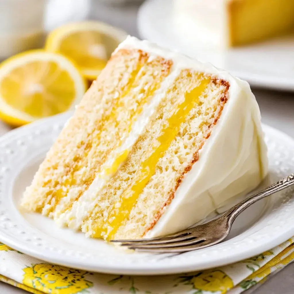 A slice of lemon curd cake on a plate.