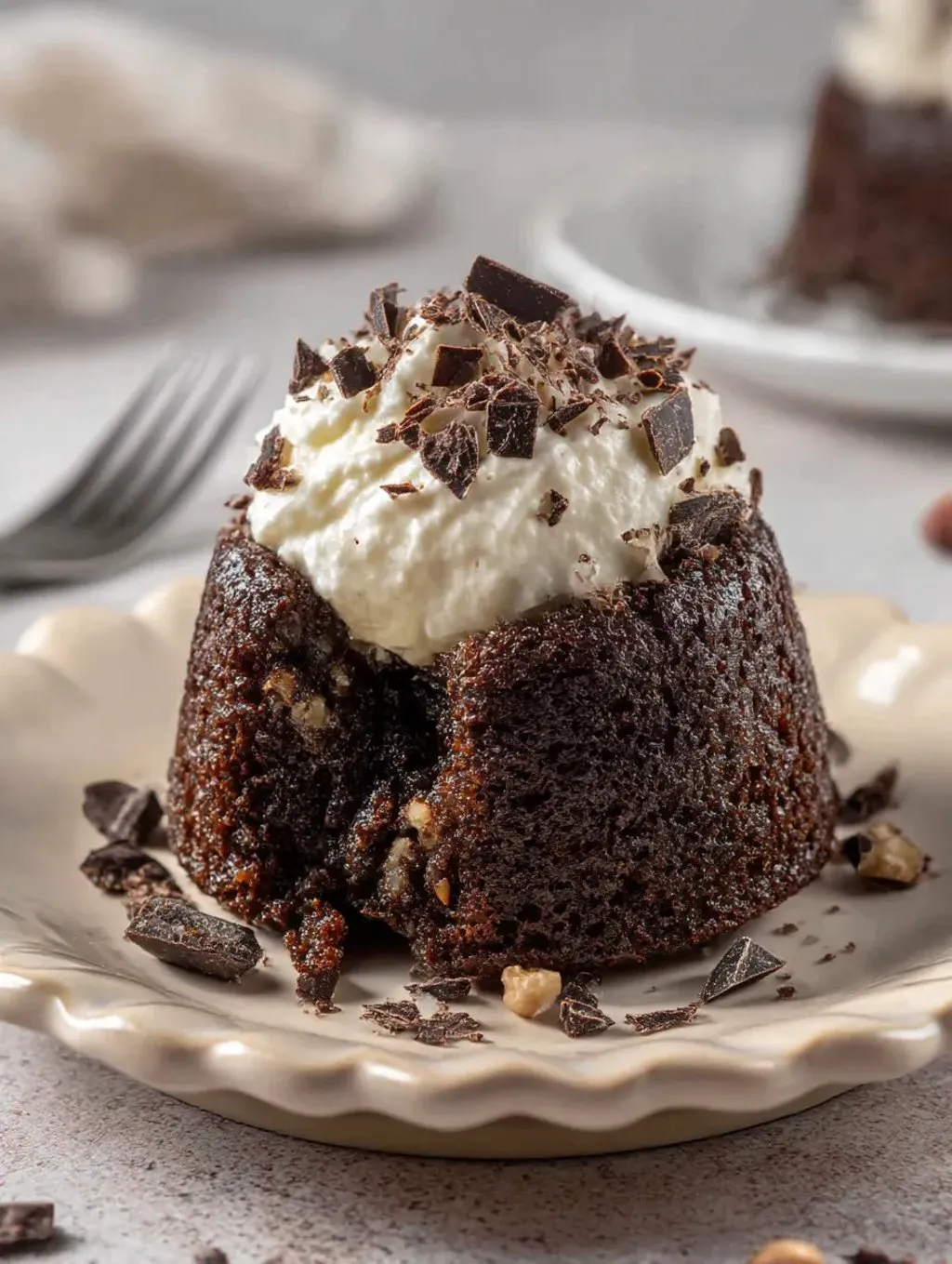 A slice of chocolate lava cake with white cream on top.