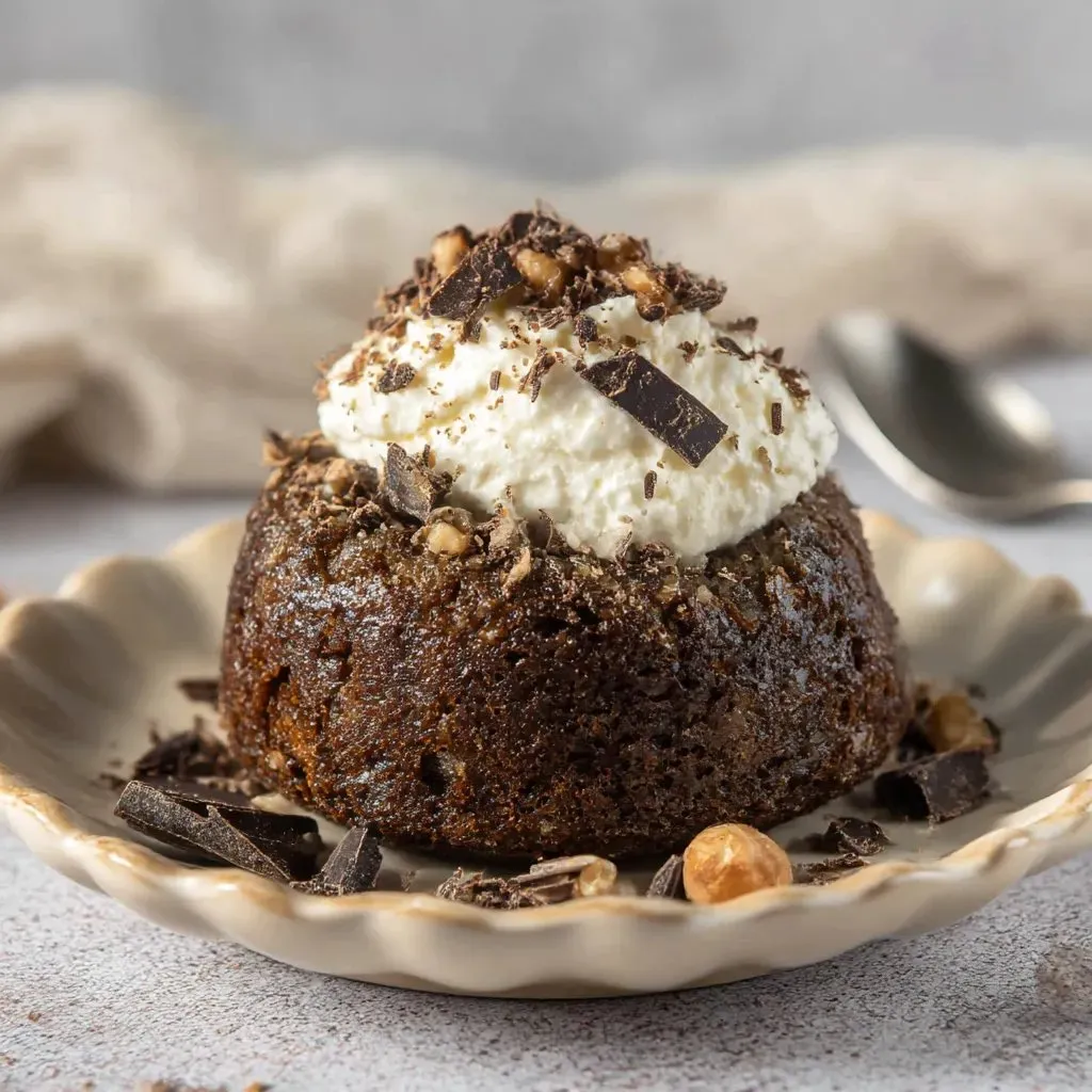 A chocolate lava cake with white whipped cream on top.
