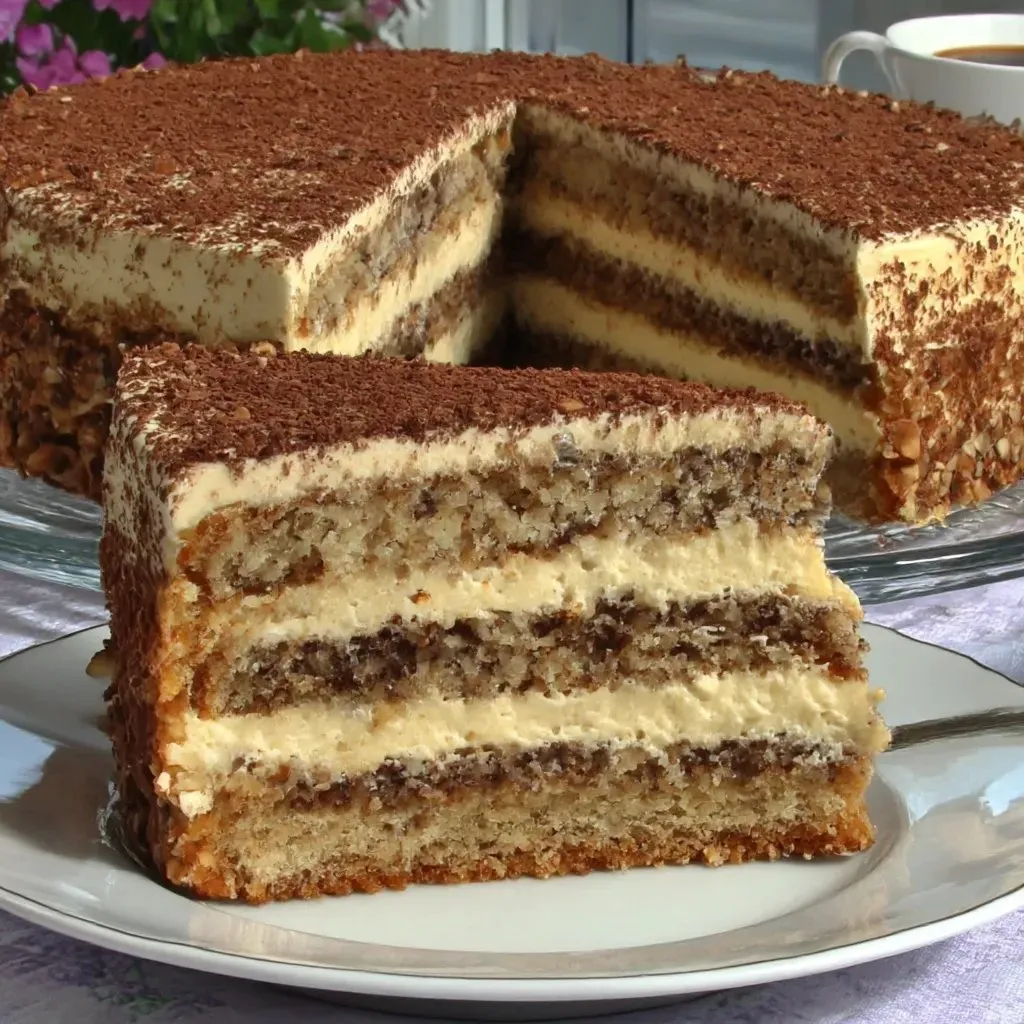 A slice of Egyptian Hazelnut Cake.