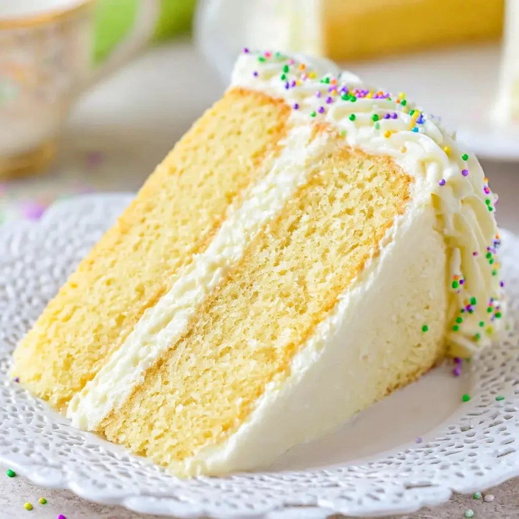 A slice of moist vanilla layer cake.
