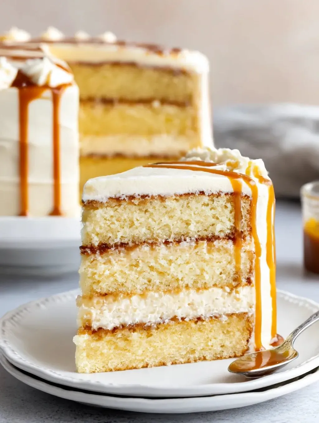 A slice of salted caramel cake.