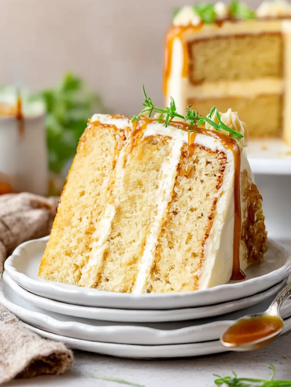 A slice of salted caramel cake.