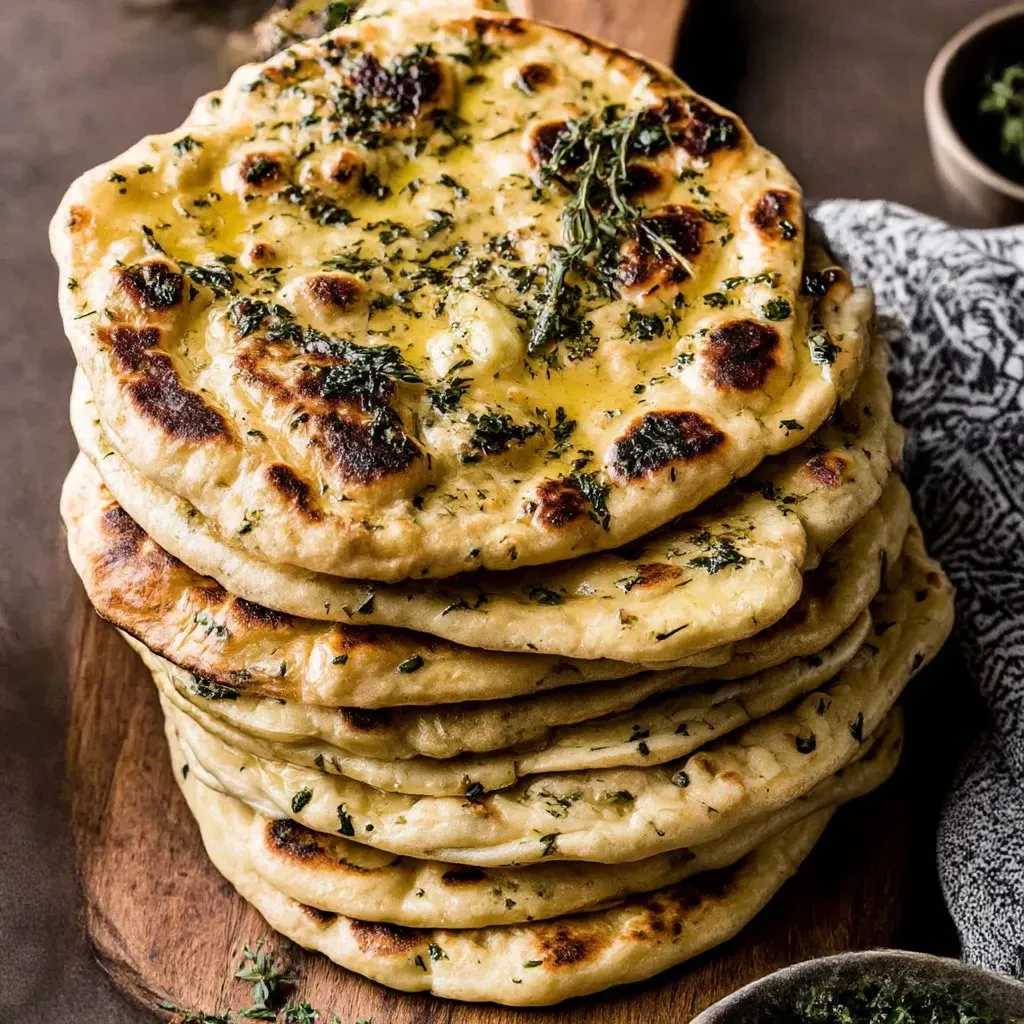 A stack of naan bread with herbed garlic butter.