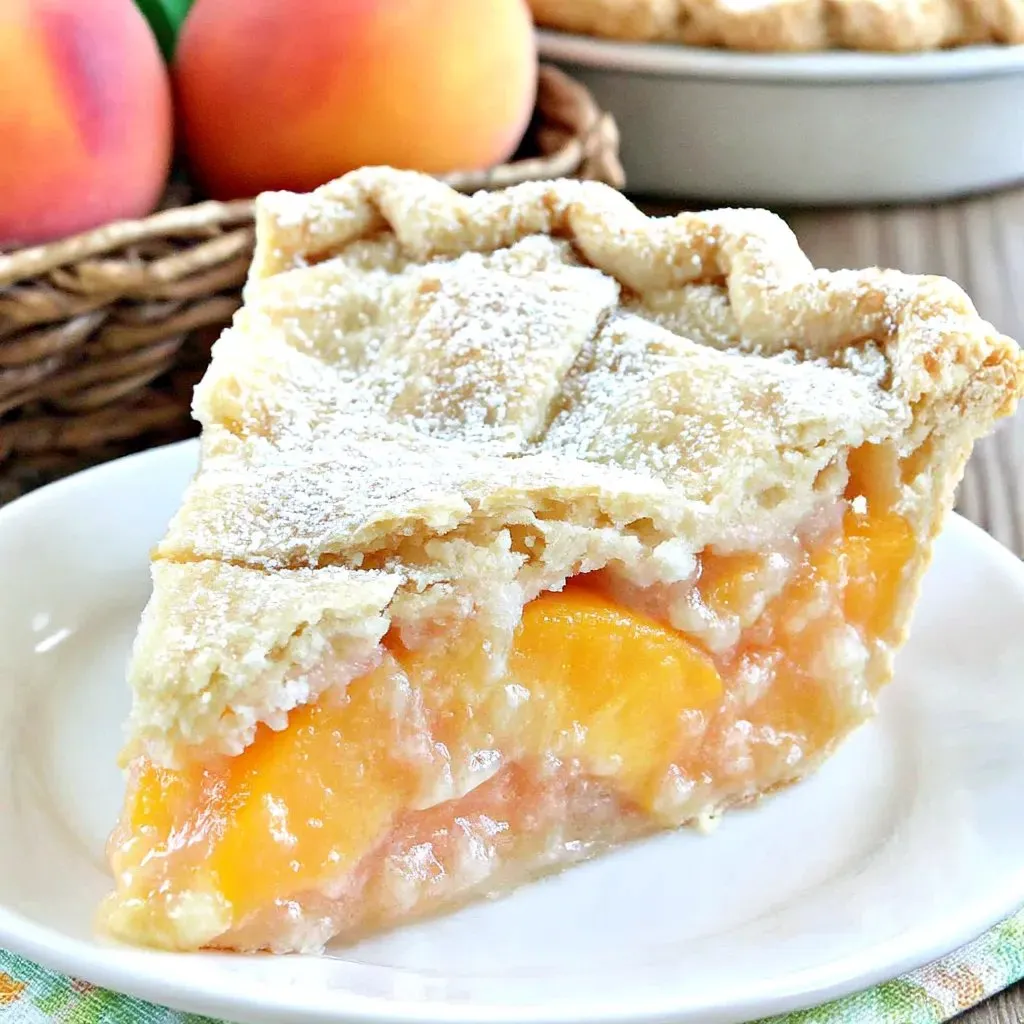 A slice of peach pie on a plate.
