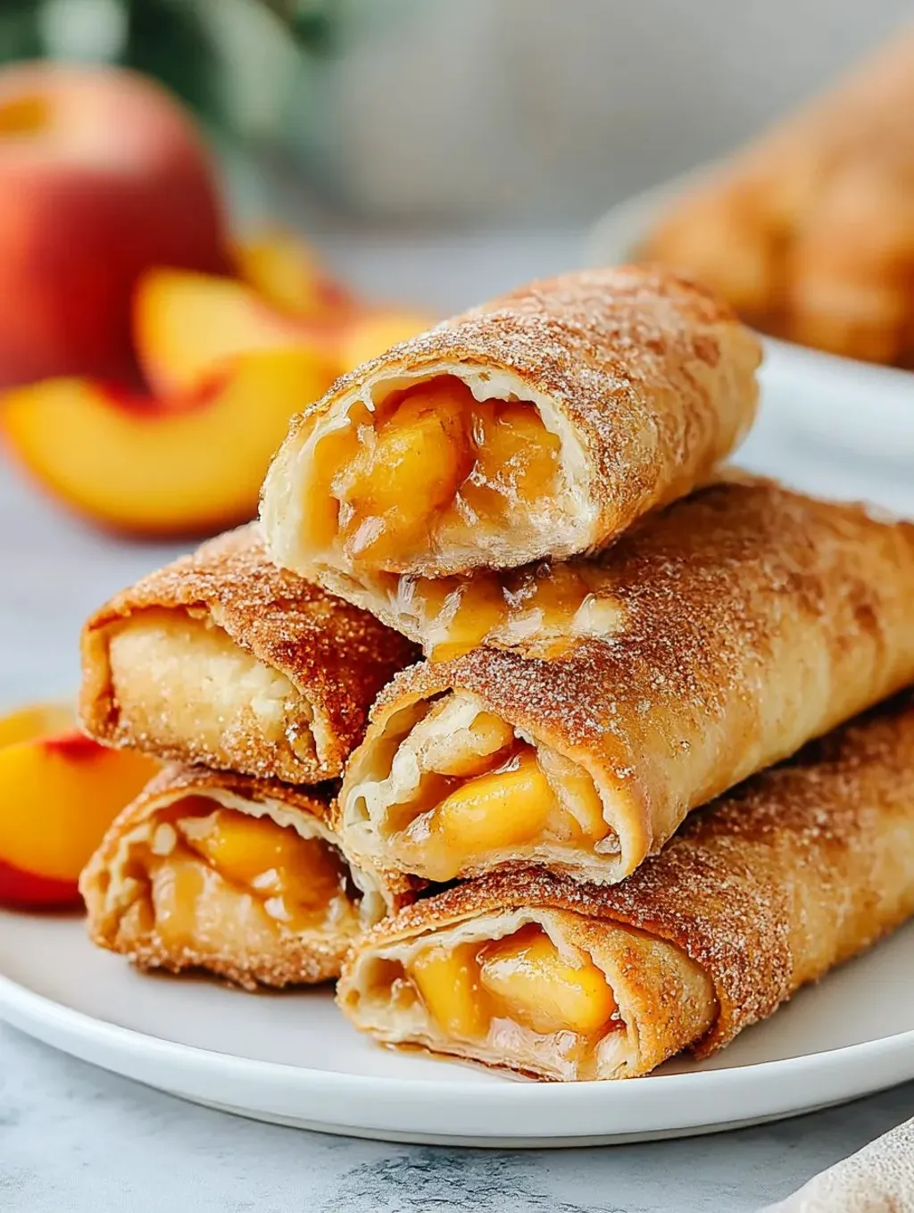 Peach cobbler egg rolls on a plate.