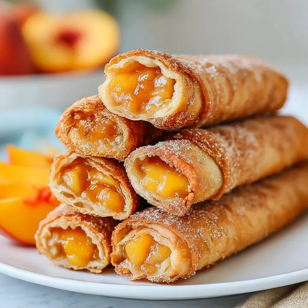 Peach cobbler egg rolls on a plate.