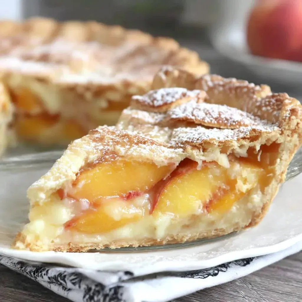 A slice of peaches and cream pie on a plate.