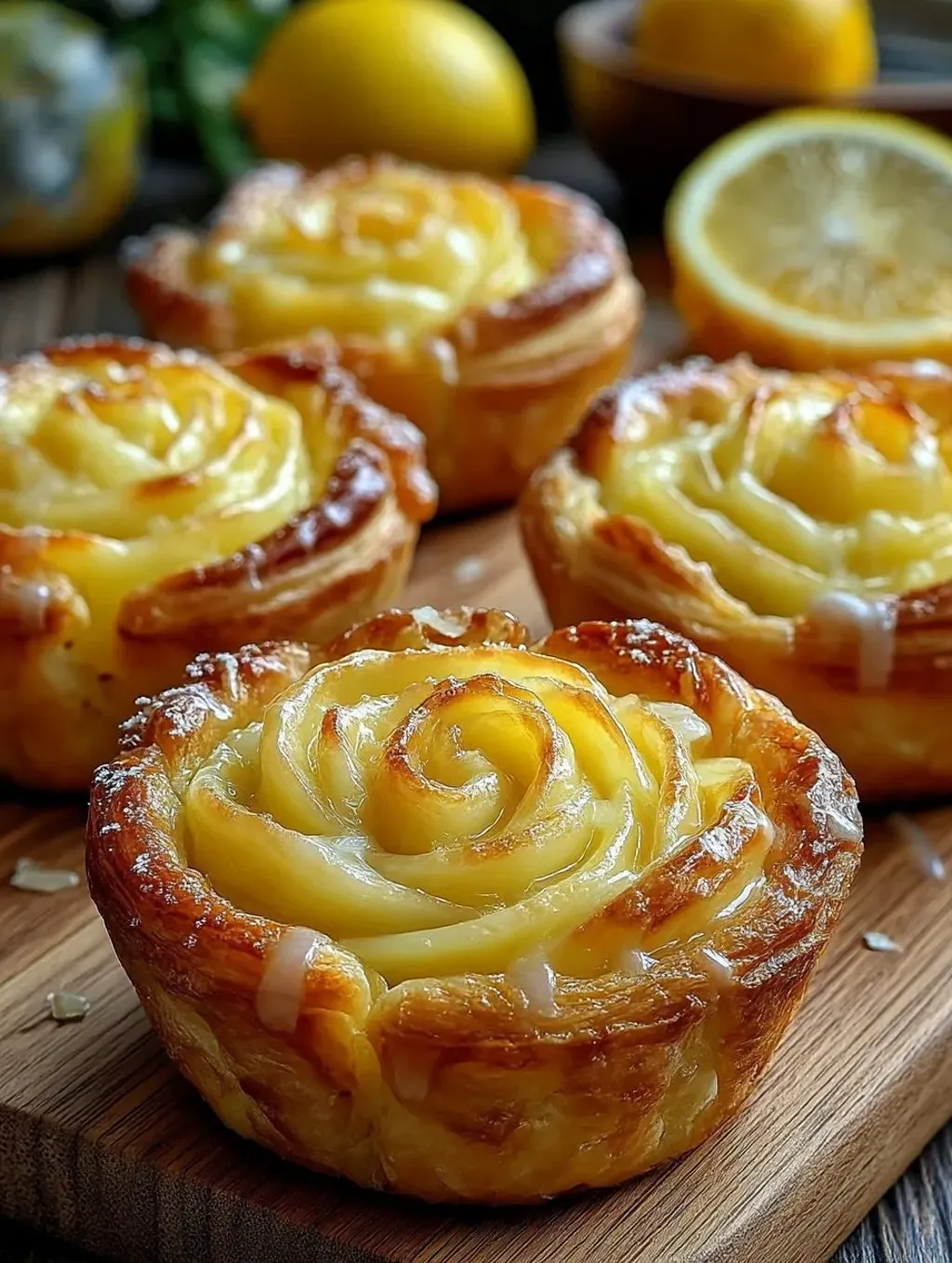 A pastry with a lemon wedge on top.