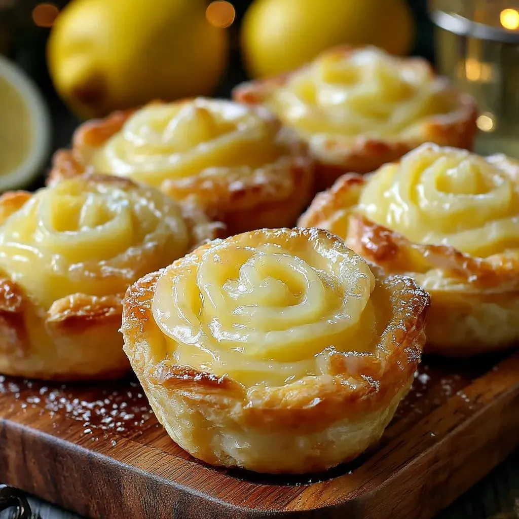 Three baby lemon pies on a wooden board.