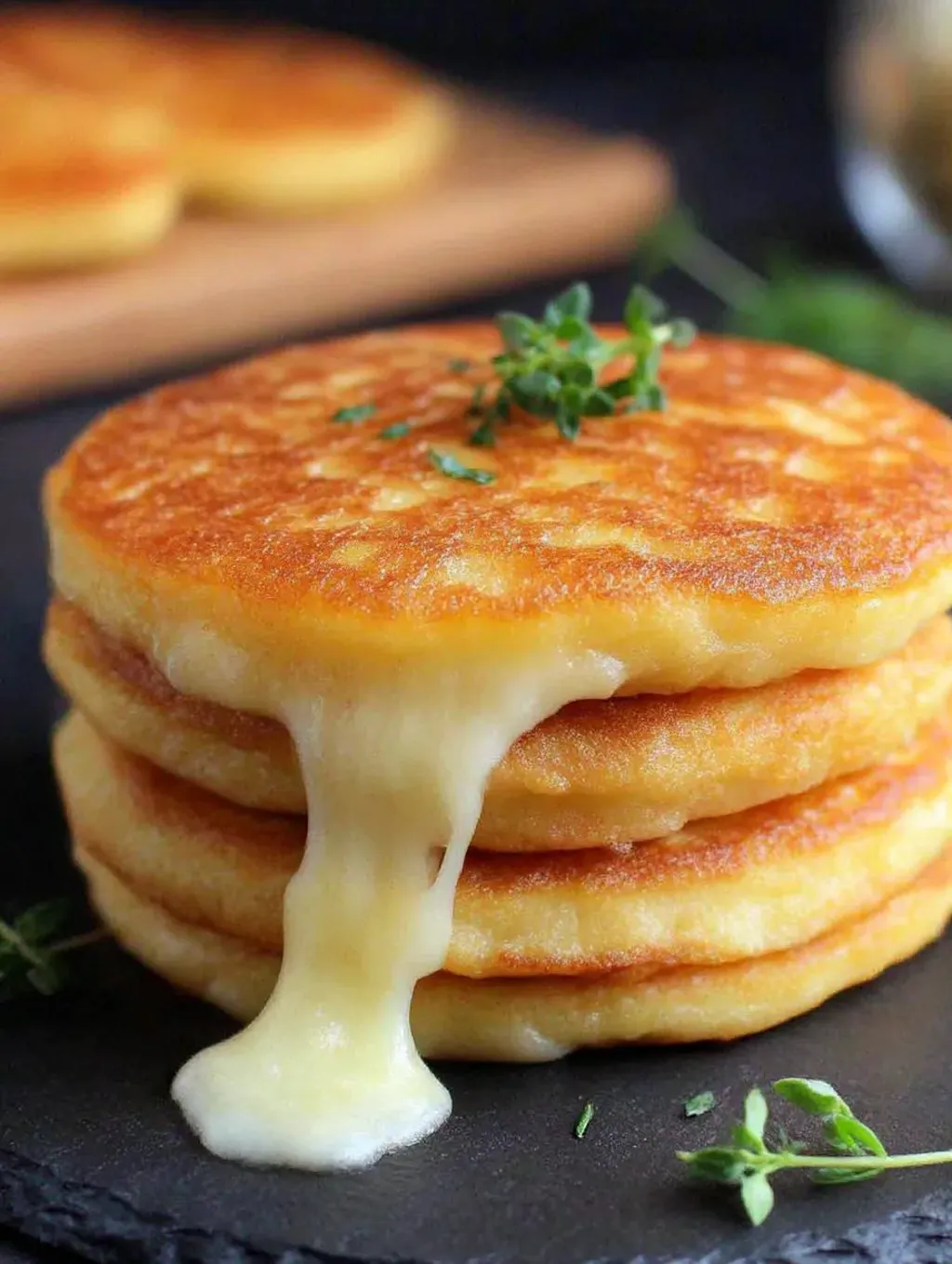 A stack of potato cheese pancakes with cheese dripping off.