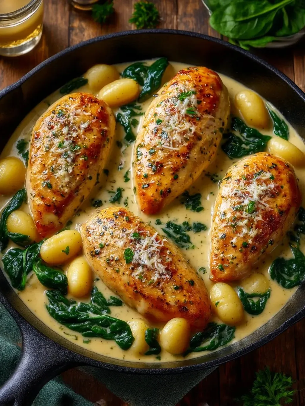 Asiago chicken gnocchi in a pan.