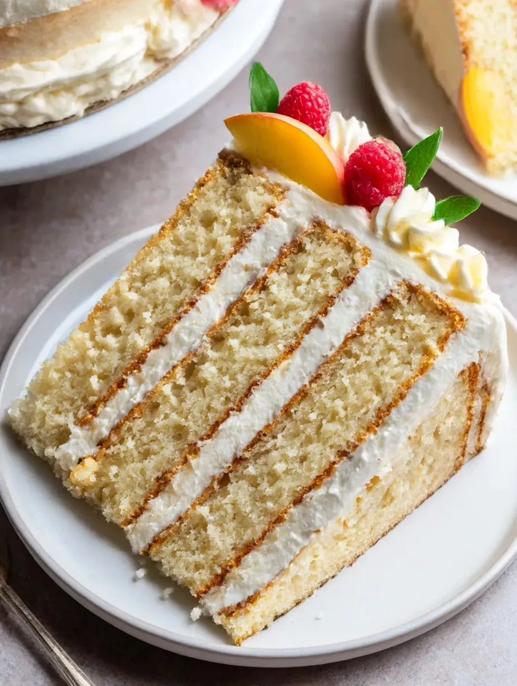 A slice of vanilla peach cake with marscapone frosting.