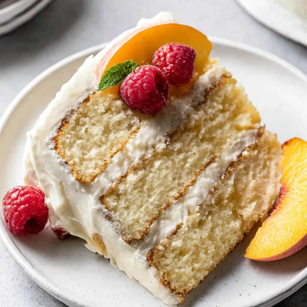 A slice of vanilla peach cake with marscapone frosting.